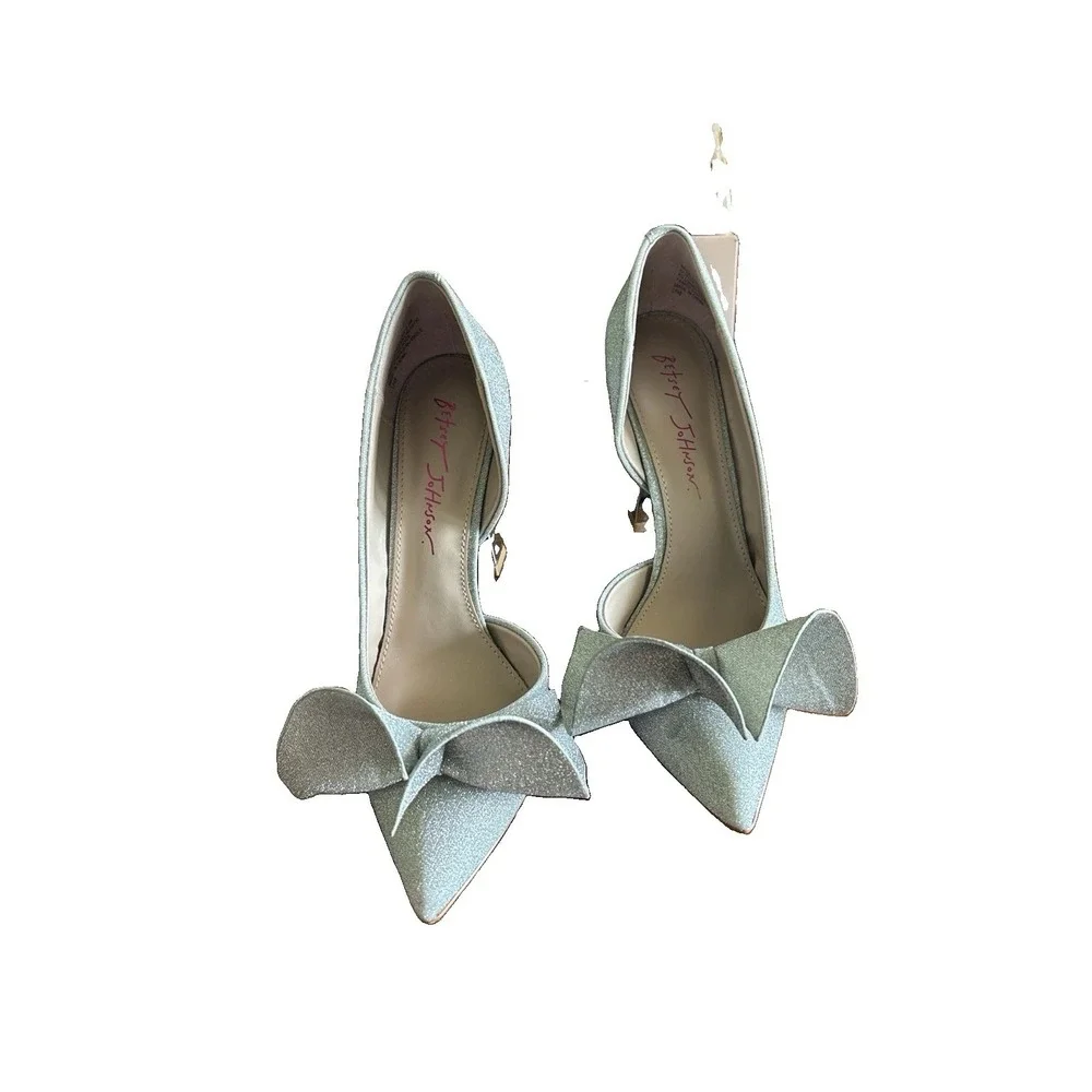 Betsey Johnson Heels 6.5M Silver Glitter Bow Pointed Toe D'Orsay Pumps Wedding